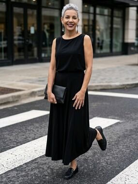 Eileen Fisher SZ L Black 100% Silk Maxi/Midi Skirt Side Zip A-Line Lightweight